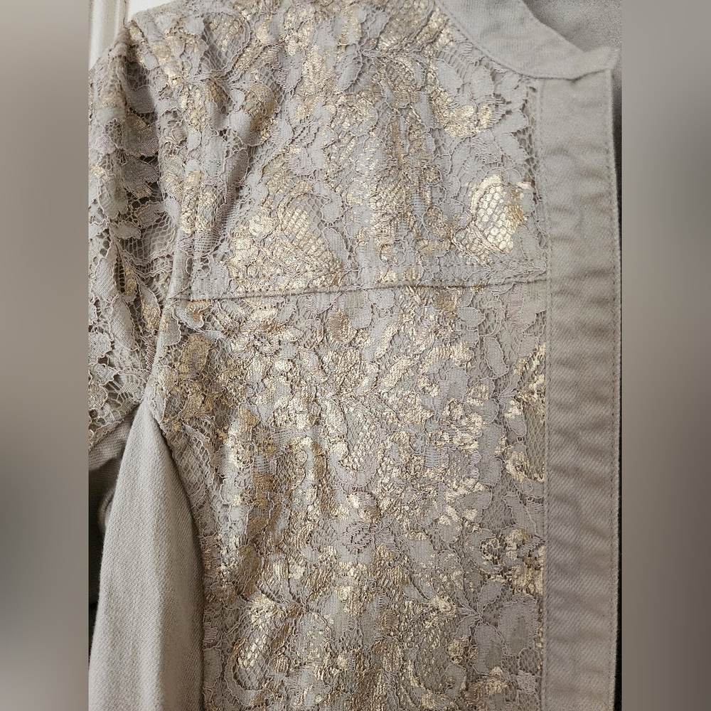 Chico's Platinum Jacket Taupe Gold Stand Collar Lace Overlay Open Front 1 (S/8) - Picture 5 of 10